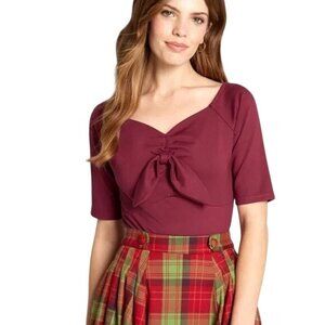 Voodoo Vixen XXL Burgundy Bow Front V Neckline Top With 3/4 Sleeves